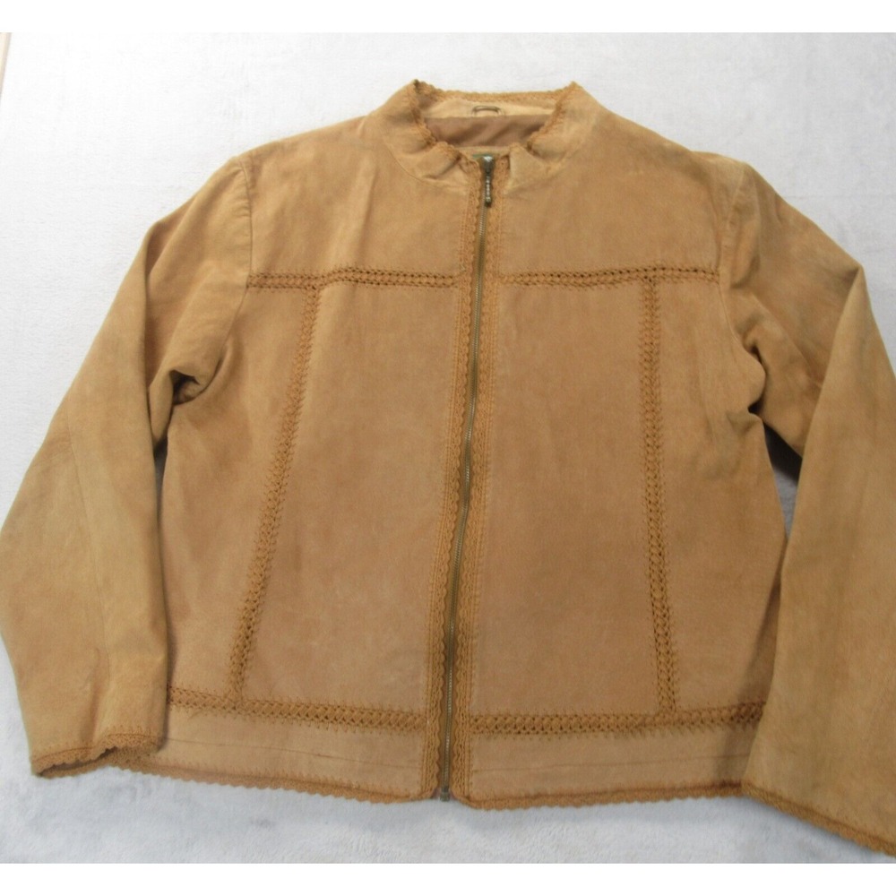 Vintage Cabelas Genuine Leather Jacket Women XXL Brown Lined Crochet Lace Zip